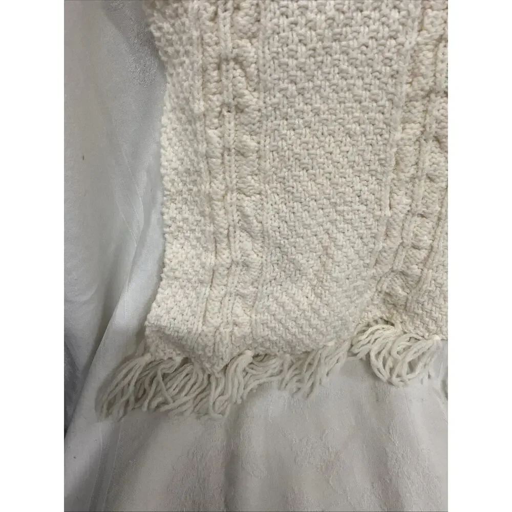 Handmade Crochet Afghan Ivory With Fringe Edges 42”X 42”